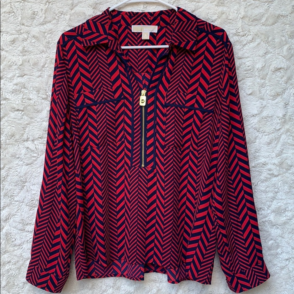 Michael Kors Red& Navy Chevron Print Blouse SzXL